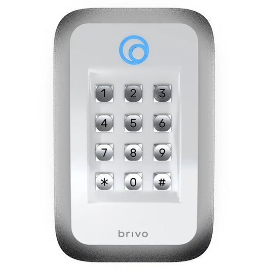 Brivo white OSDP dual-credential tri-technology reader, model B-BSPKF-W, supporting mobile and card credentials for secure access control.
