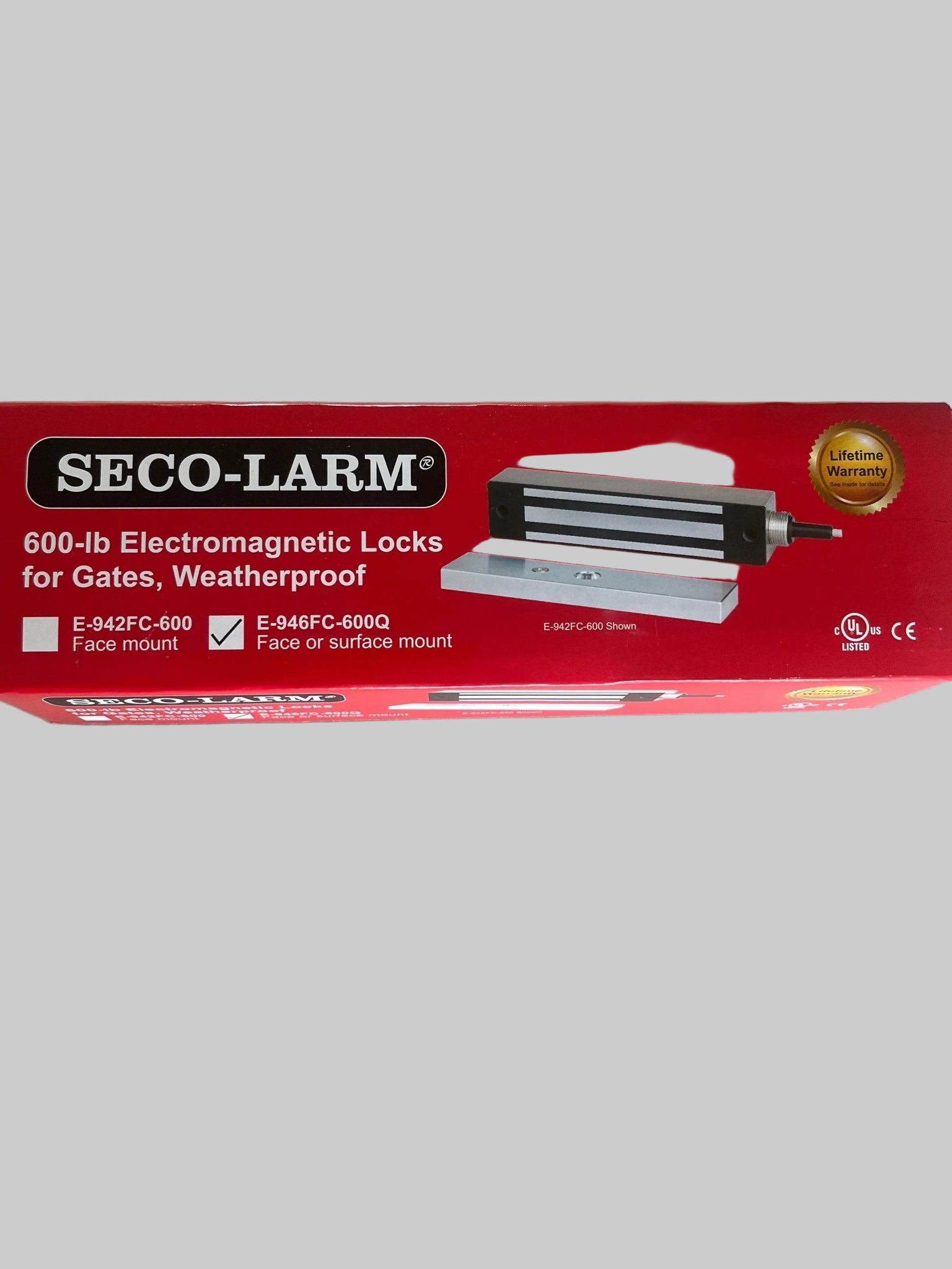 SECO-LARM 600-lb weatherproof electromagnetic lock for outdoor gates, fail-safe maglock with mounting hardware for access control.